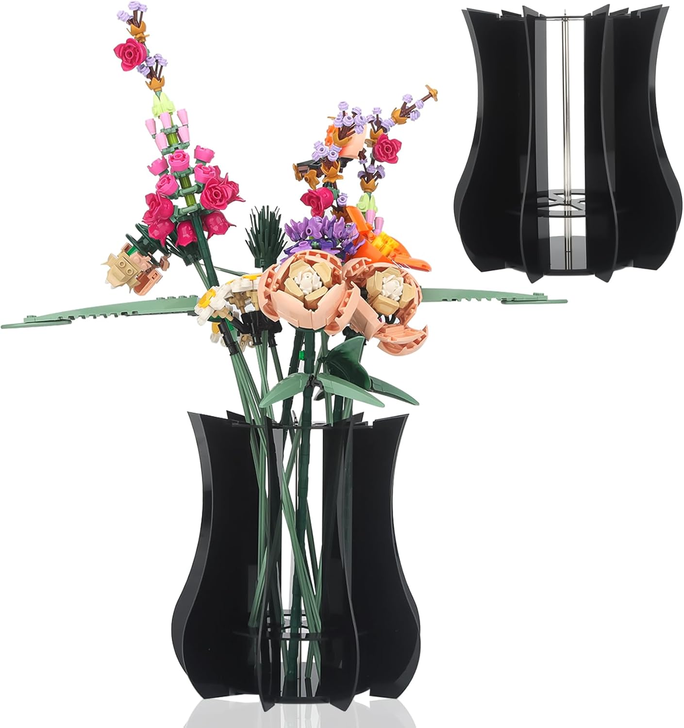 Vase Holder fit for Lego Flowers Bouquet - Acrylic Puzzle Vase fit for Lego Botanical Collection Building, Adult Gift Display Stand for Roses Orchid Sunflower (Black)