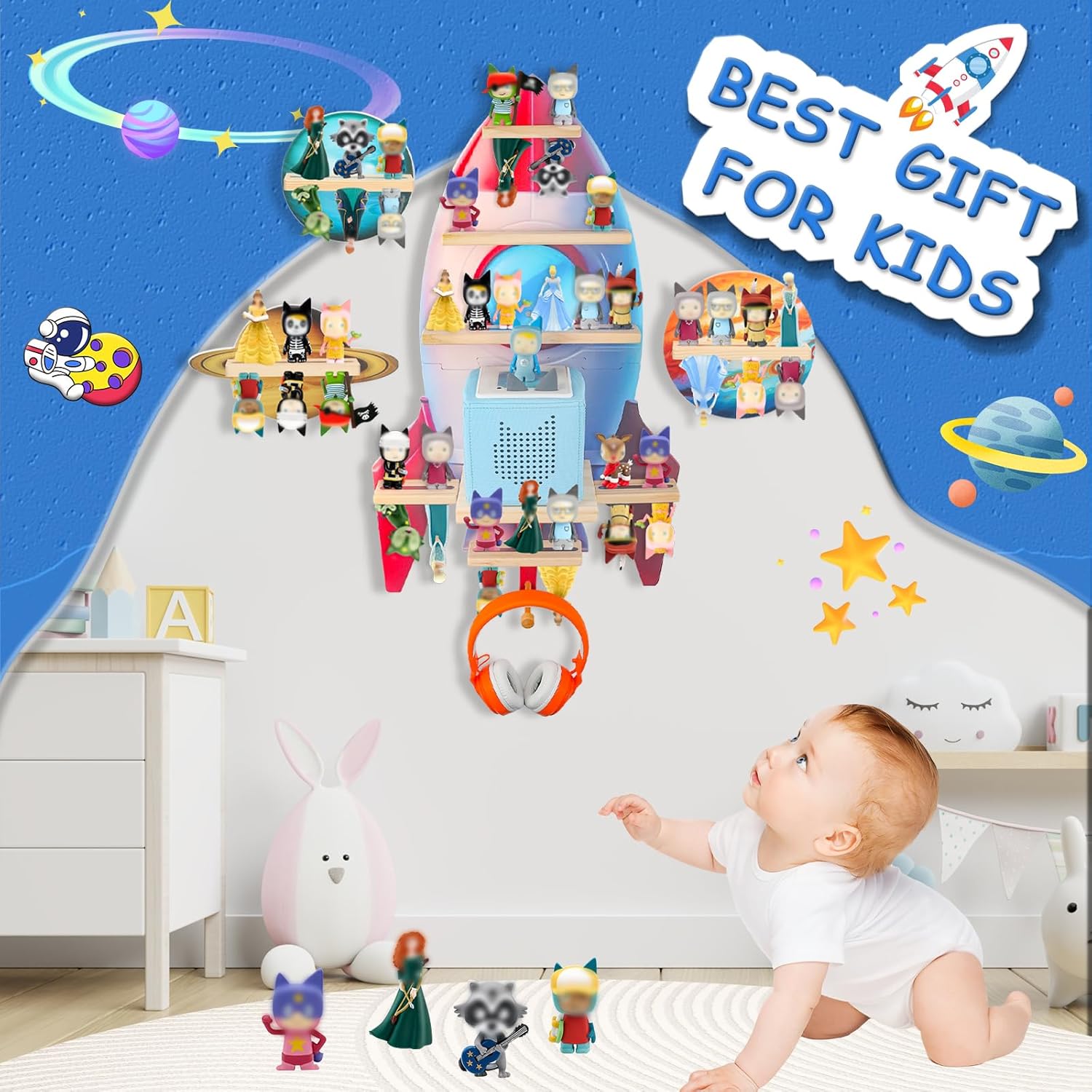 for Toniebox 2/1 Tonie Shelf Wall Mounted Set of 4,Tonies Figures Tonies Storage,Magnetic Wooden Floating Shelves Compatible with Tonie Box Player Character for Children Room