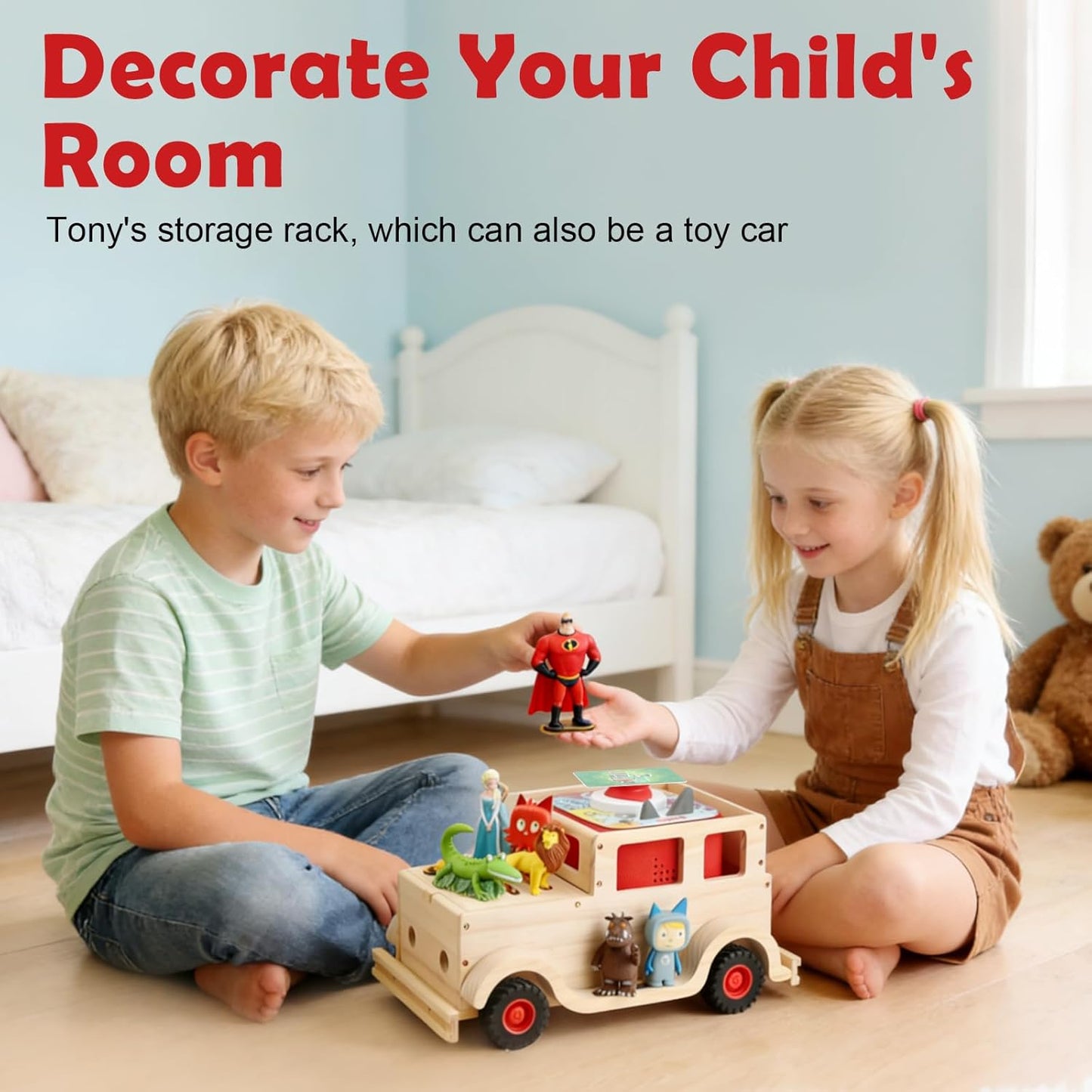 Hölzernes schwebendes Präsentationsregal, kompatibel mit Tonies – magnetisch, passend für Audio Player 1 & 2 (Natur, Auto)