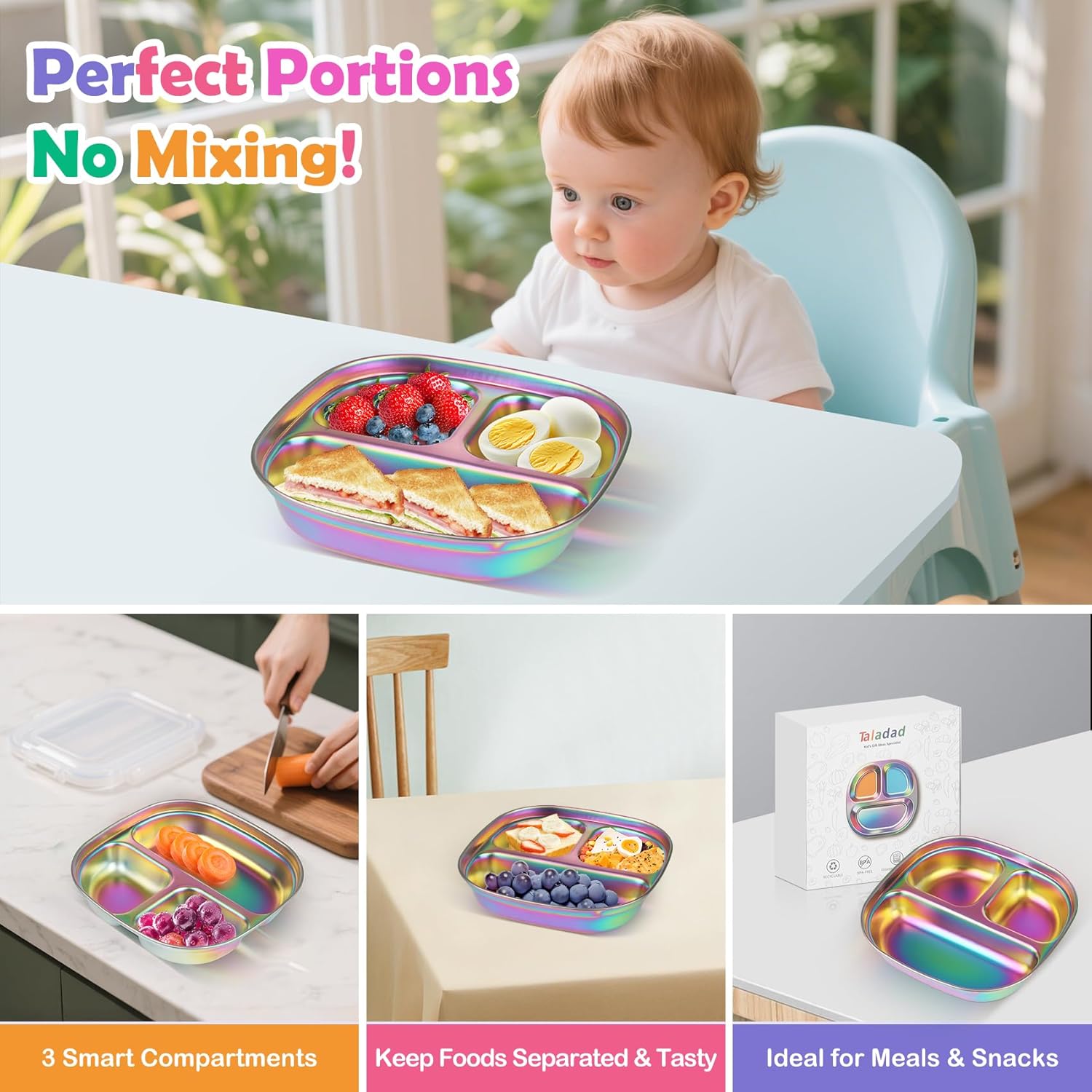 Stainless Steel Kids Plates, Kids Toddlers Babies Tray, Balanced Bites Divided Plates for Toddlers, BPA Free, Portion Control Plate, Dinner Snack, 3 Compartment Plate