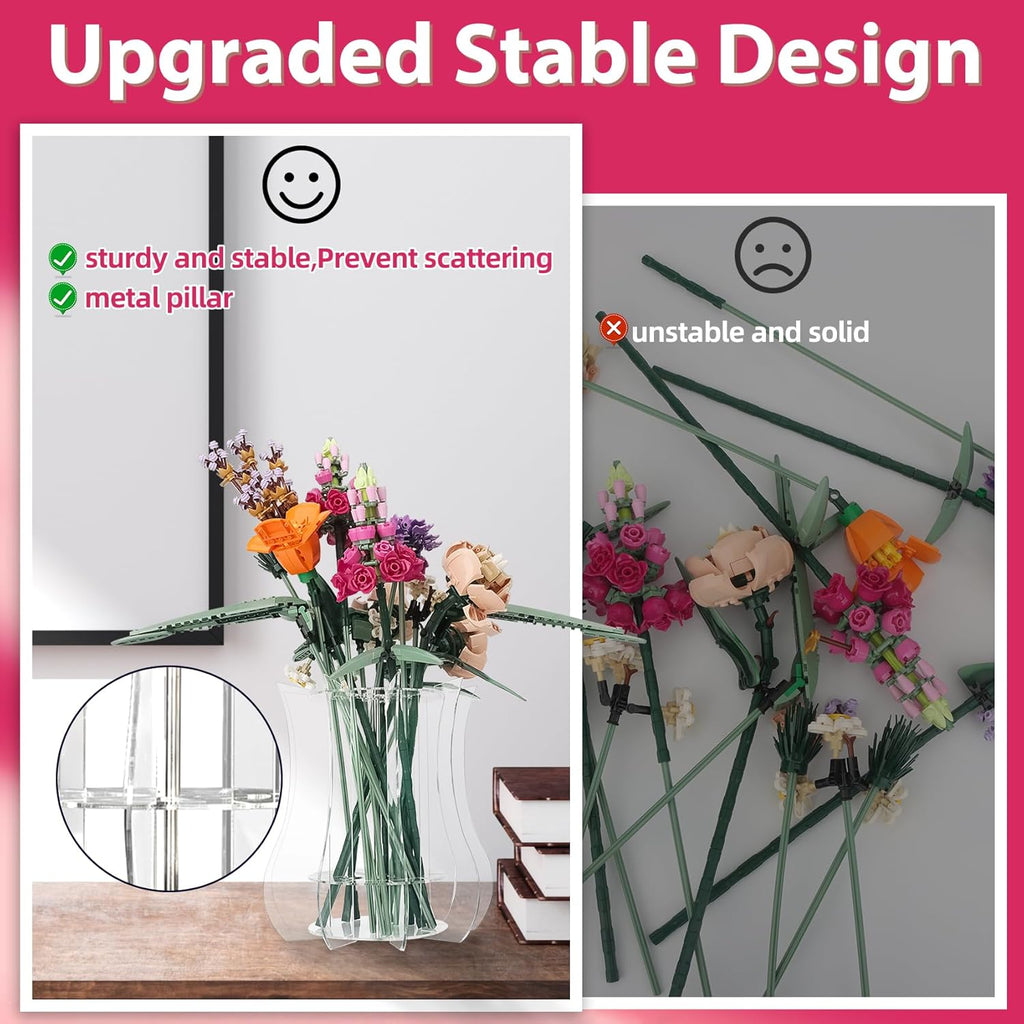 Vase Holder fit for Lego Flowers Bouquet - Acrylic Puzzle Vase fit for Lego Botanical Collection Building Set, Adult Gift Display Stand for Roses Orchid Sunflower Tulips Daffodils Lotus(Transparent)