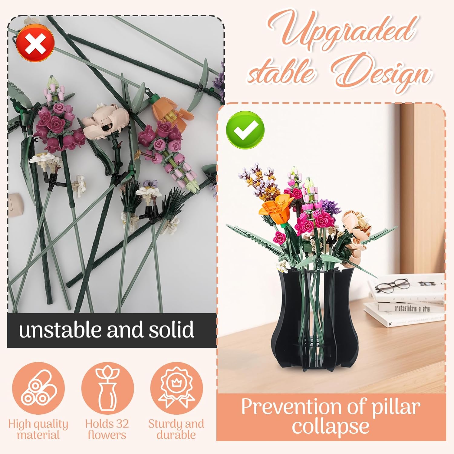 Vase Holder fit for Lego Flowers Bouquet - Acrylic Puzzle Vase fit for Lego Botanical Collection Building, Adult Gift Display Stand for Roses Orchid Sunflower (Black)