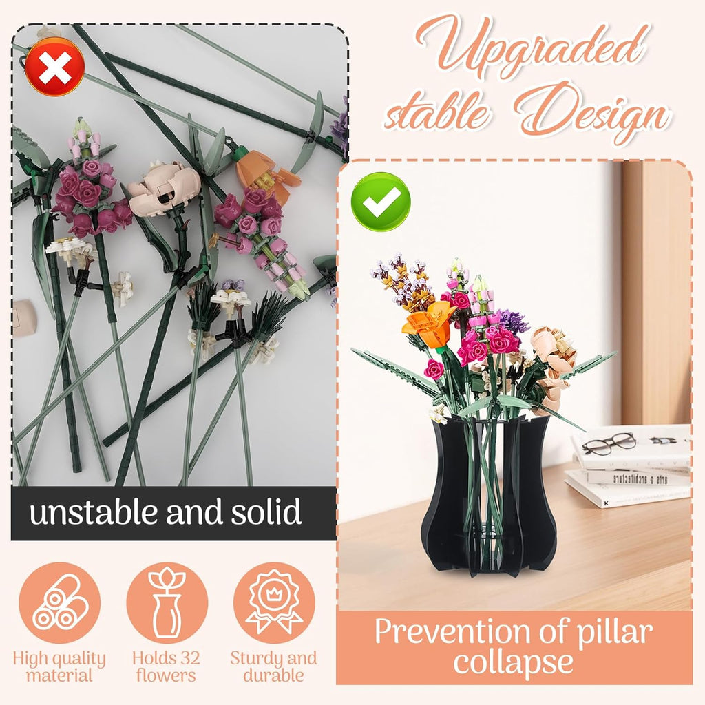 Vase Holder fit for Lego Flowers Bouquet - Acrylic Puzzle Vase fit for Lego Botanical Collection Building, Adult Gift Display Stand for Roses Orchid Sunflower (Black)