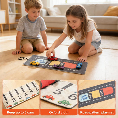 Portable Toy Car Storage Roll & Play Mat – Travel Carrier for 6 Small Cars
