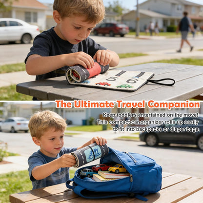 Portable Toy Car Storage Roll & Play Mat – Travel Carrier for 6 Small Cars