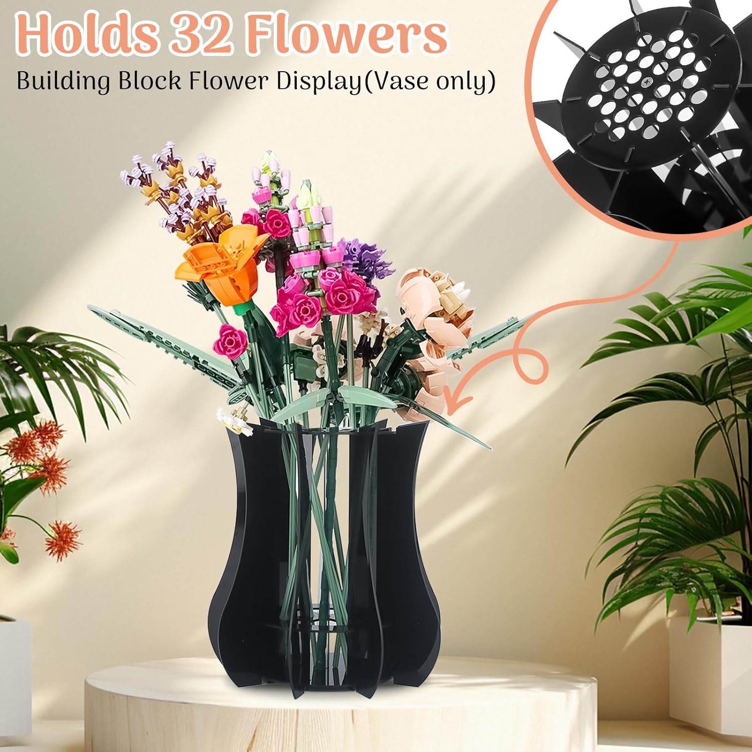 Vase Holder fit for Lego Flowers Bouquet - Acrylic Puzzle Vase fit for Lego Botanical Collection Building, Adult Gift Display Stand for Roses Orchid Sunflower (Black)