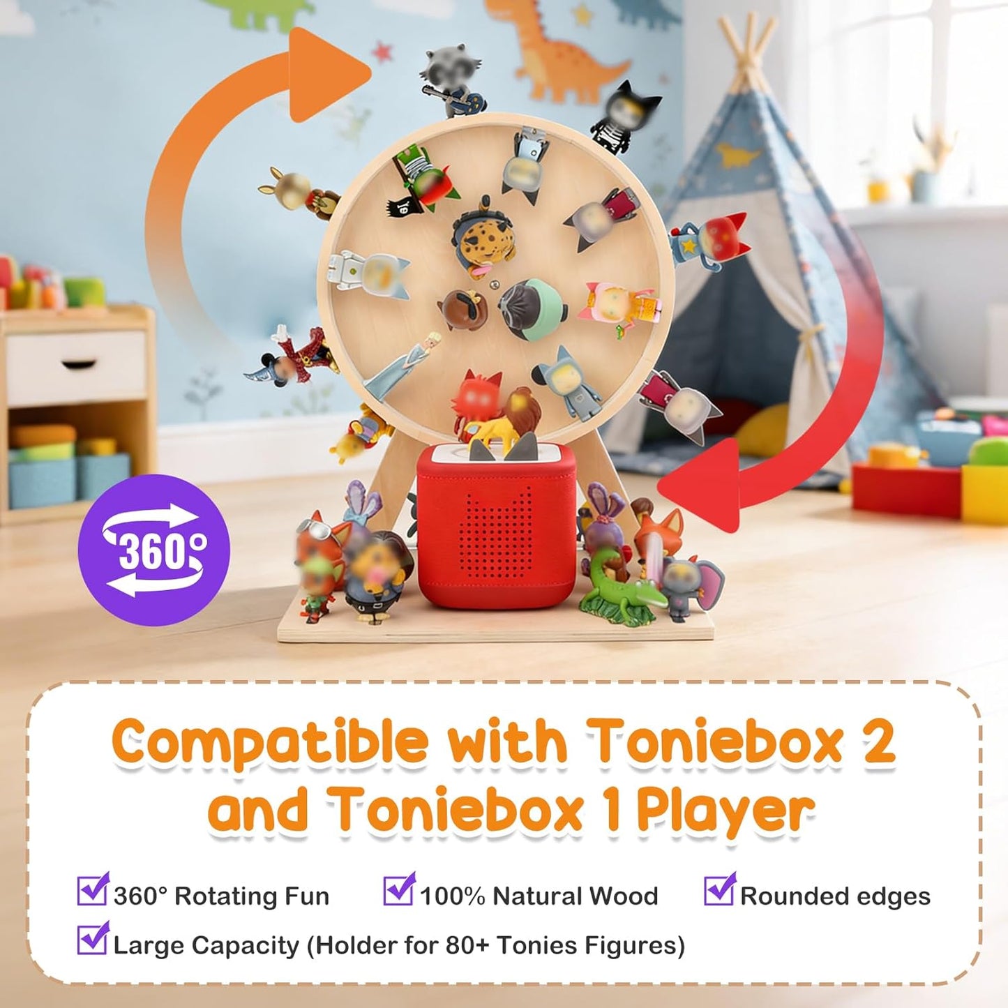 360° Rotating Ferris Wheel Display Shelf Compatible with Tonies – Holds 80+ Figures, Includes 60 Metal Plates