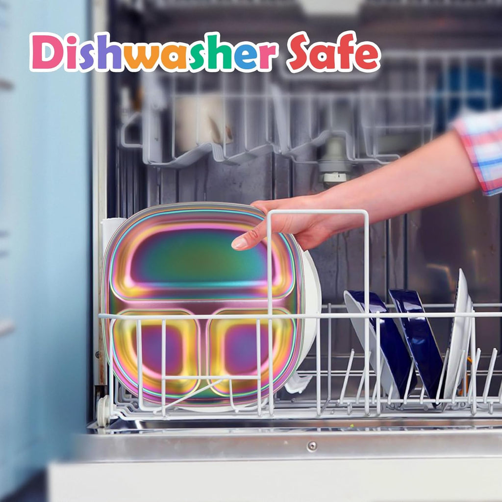 Stainless Steel Kids Plates, Kids Toddlers Babies Tray, Balanced Bites Divided Plates for Toddlers, BPA Free, Portion Control Plate, Dinner Snack, 3 Compartment Plate