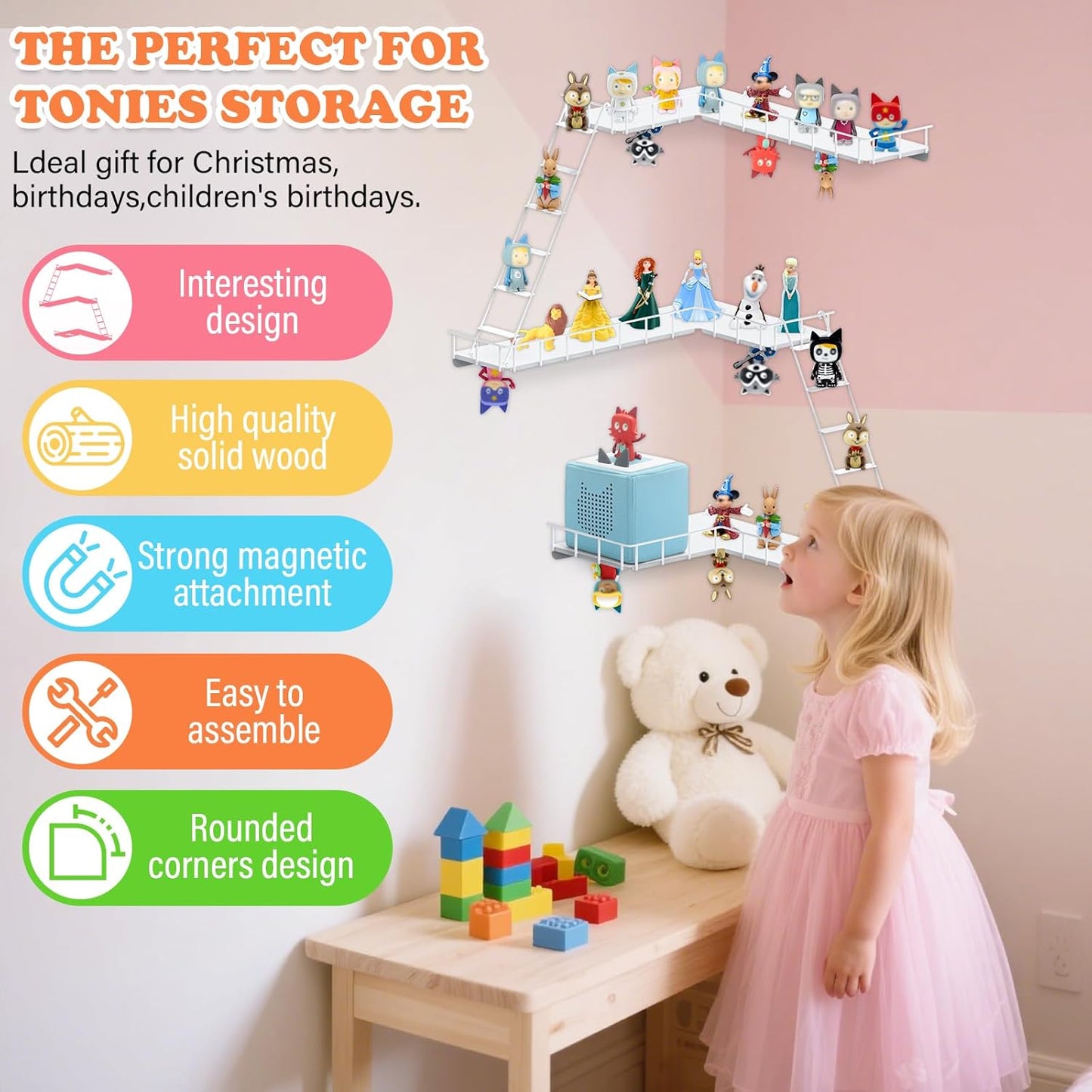 Compatible with Tonies Magnetic Ladder Shelf – 90° Corner, Wall Mounted, Holds 30–40 Figures (Iron)