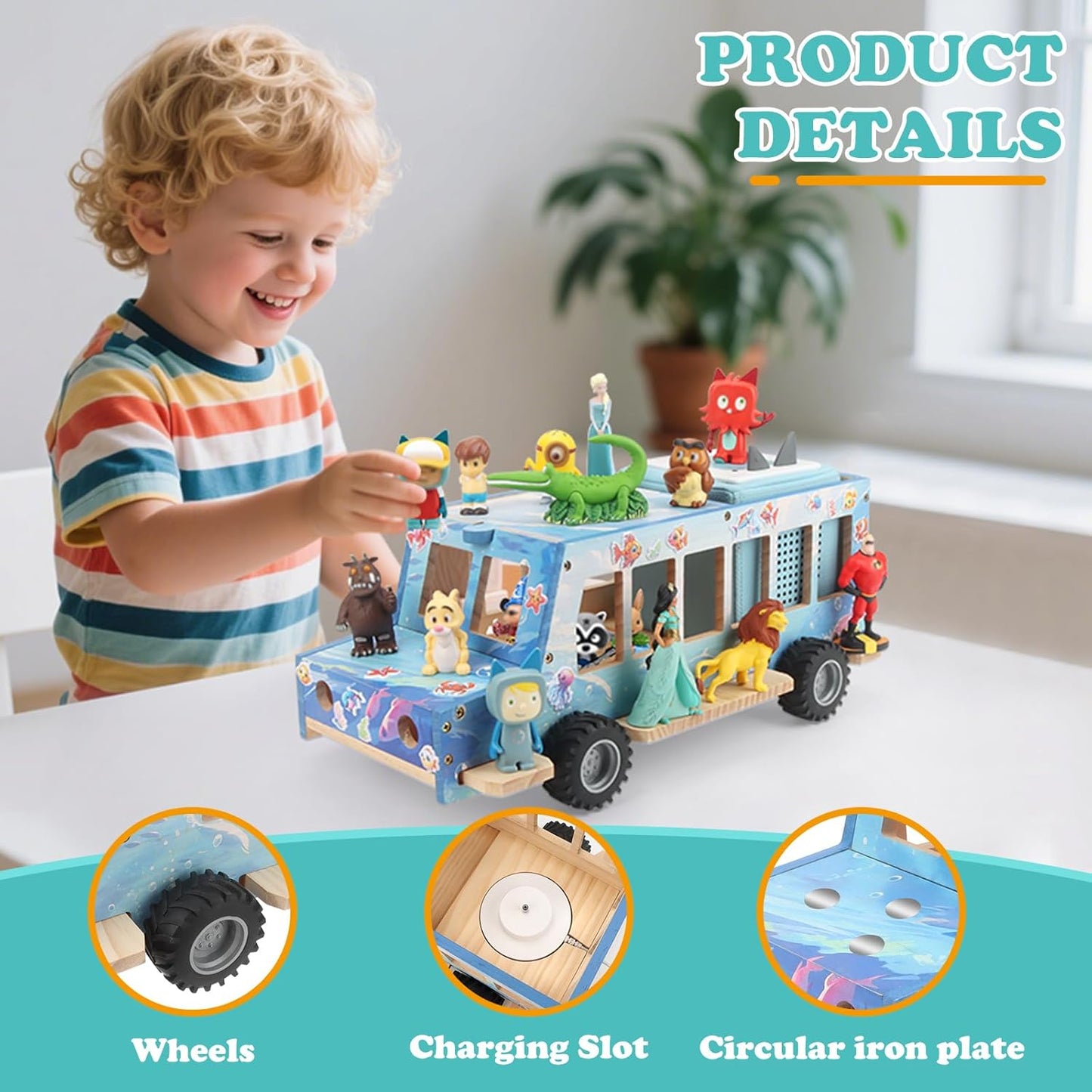 Kompatibel mit Tonies Holz-Ozean-Autoregal – Rollendes Display, fasst 15–25 Figuren, inklusive 35 Metallplatten + 3 Aufkleber