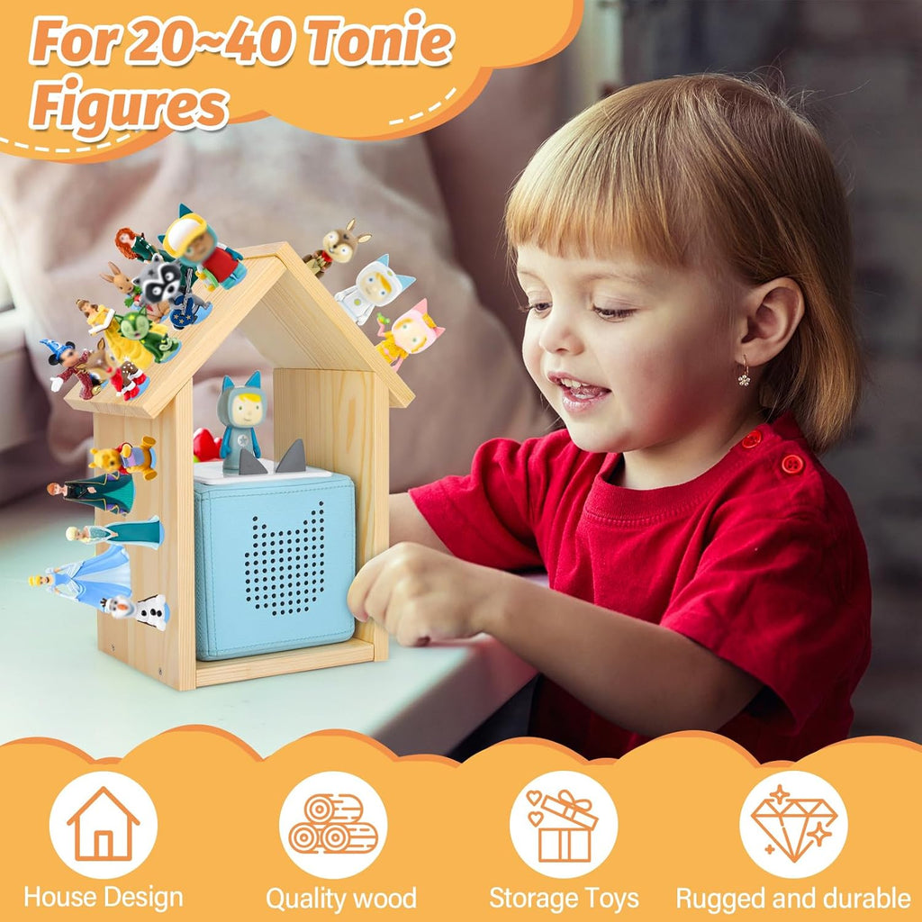 for TonieBox 2/1 Tonies Figures Characters Shelf with 35Pcs Adhesive Metal Plate for Creative Tonie Box Magnetic Storage Wooden Shelf for Kids (Natural)