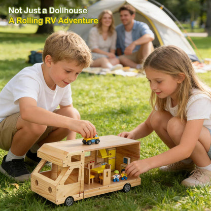Wohnmobil Puppenhaus aus Holz – Rollendes Wohnmobil mit kompletter Möbelausstattung
