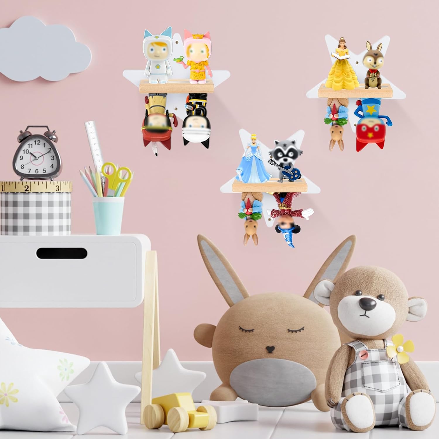 for Toniebox Starter Tonie Shelf Wall Mounted Set,Tonies Figures Tonies Storage,Magnetic Wooden Floating Shelves Compatible with Tonie box Player Character for Children Room (white- small star)