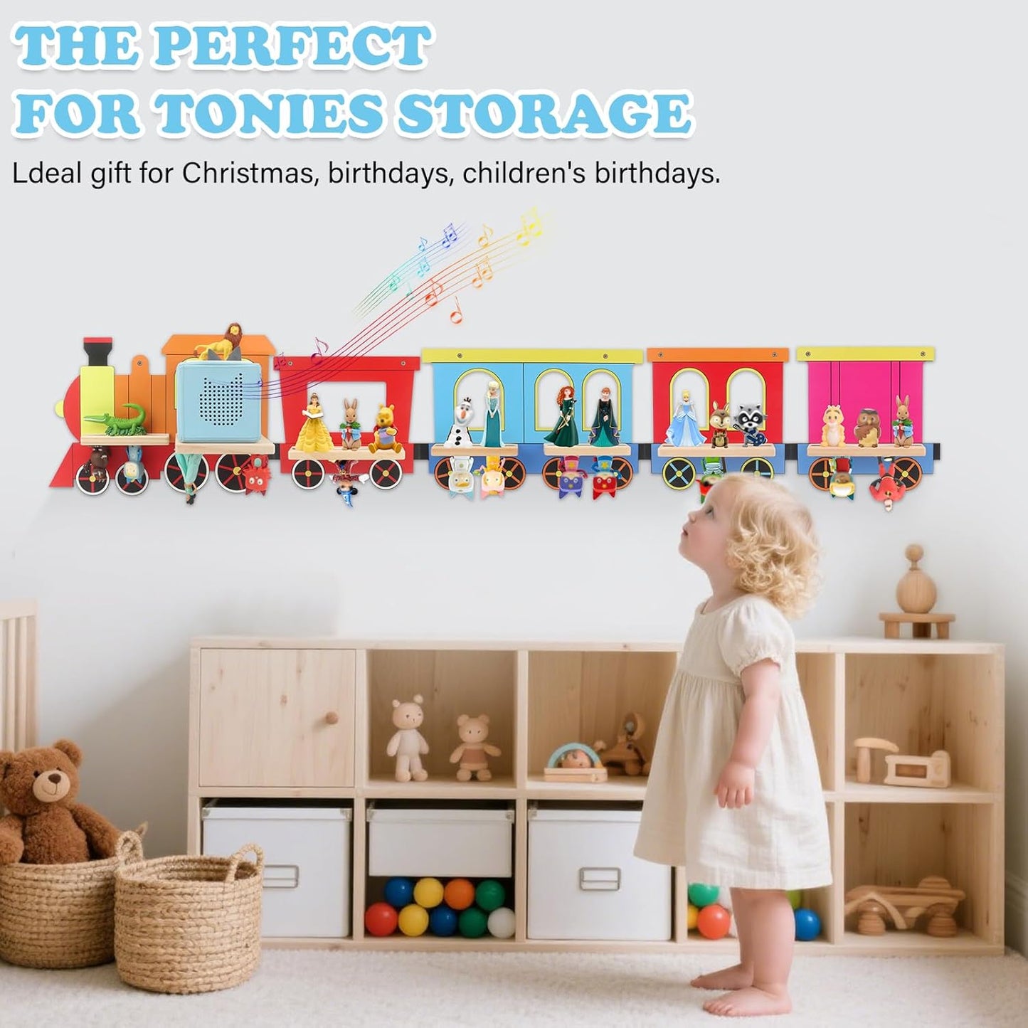 Kompatibel mit Toniebox Holz-Regal – Bunt, Wandmontage, fasst 30–40 Figuren