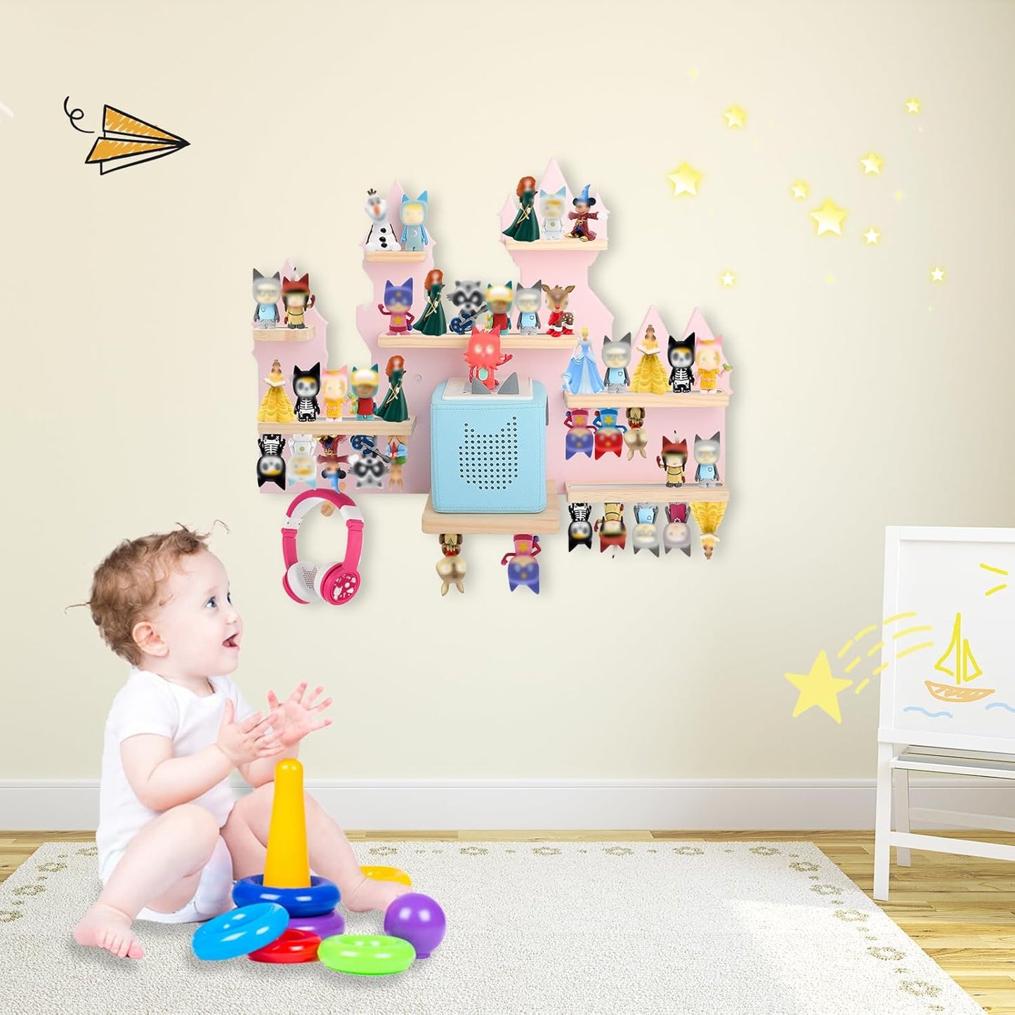 Magnetisches Holz-Regal kompatibel mit Tonies – Rosa Schloss | Wandmontage, passend für Audio-Player 1 & 2