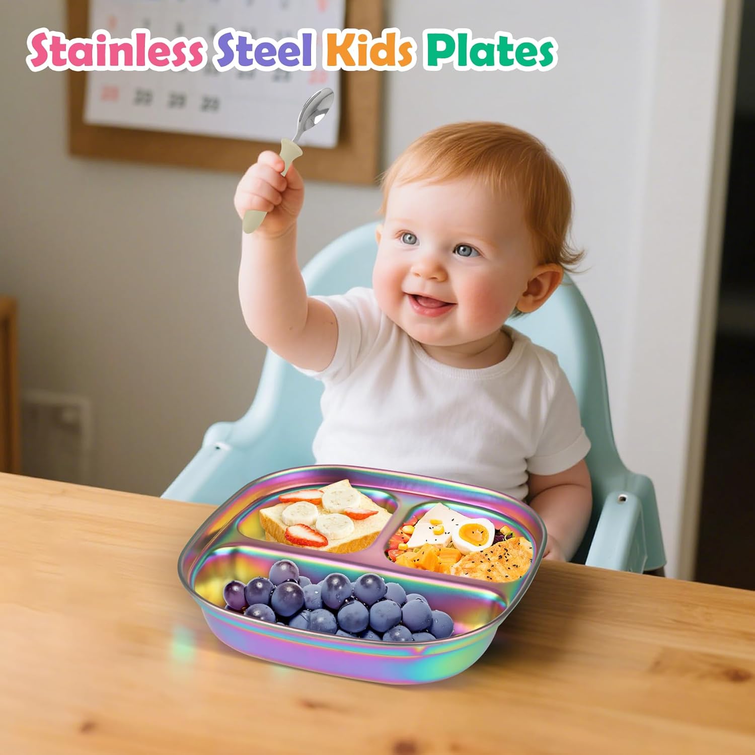 Stainless Steel Kids Plates, Kids Toddlers Babies Tray, Balanced Bites Divided Plates for Toddlers, BPA Free, Portion Control Plate, Dinner Snack, 3 Compartment Plate