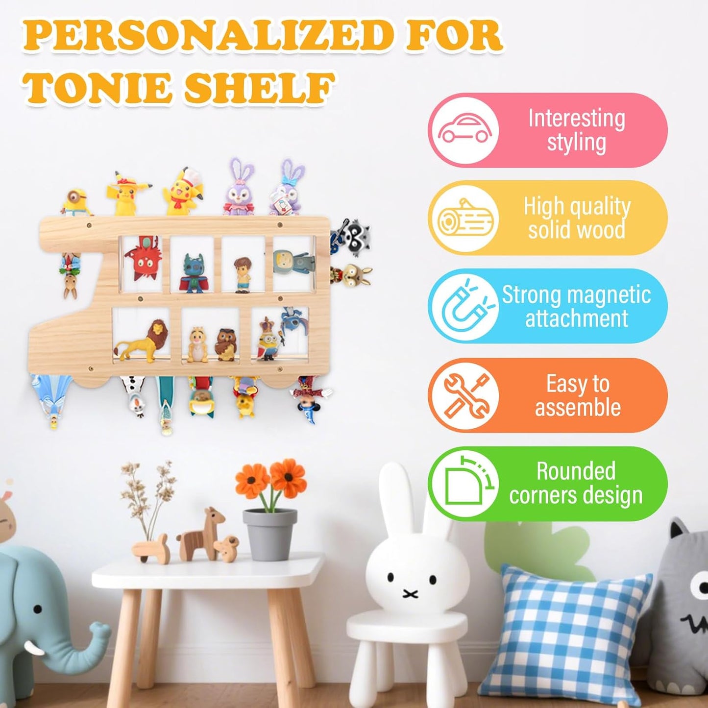 Compatible with Tonies Wooden Bus Shelf – Wall Mounted, Holds 15–25 Figures