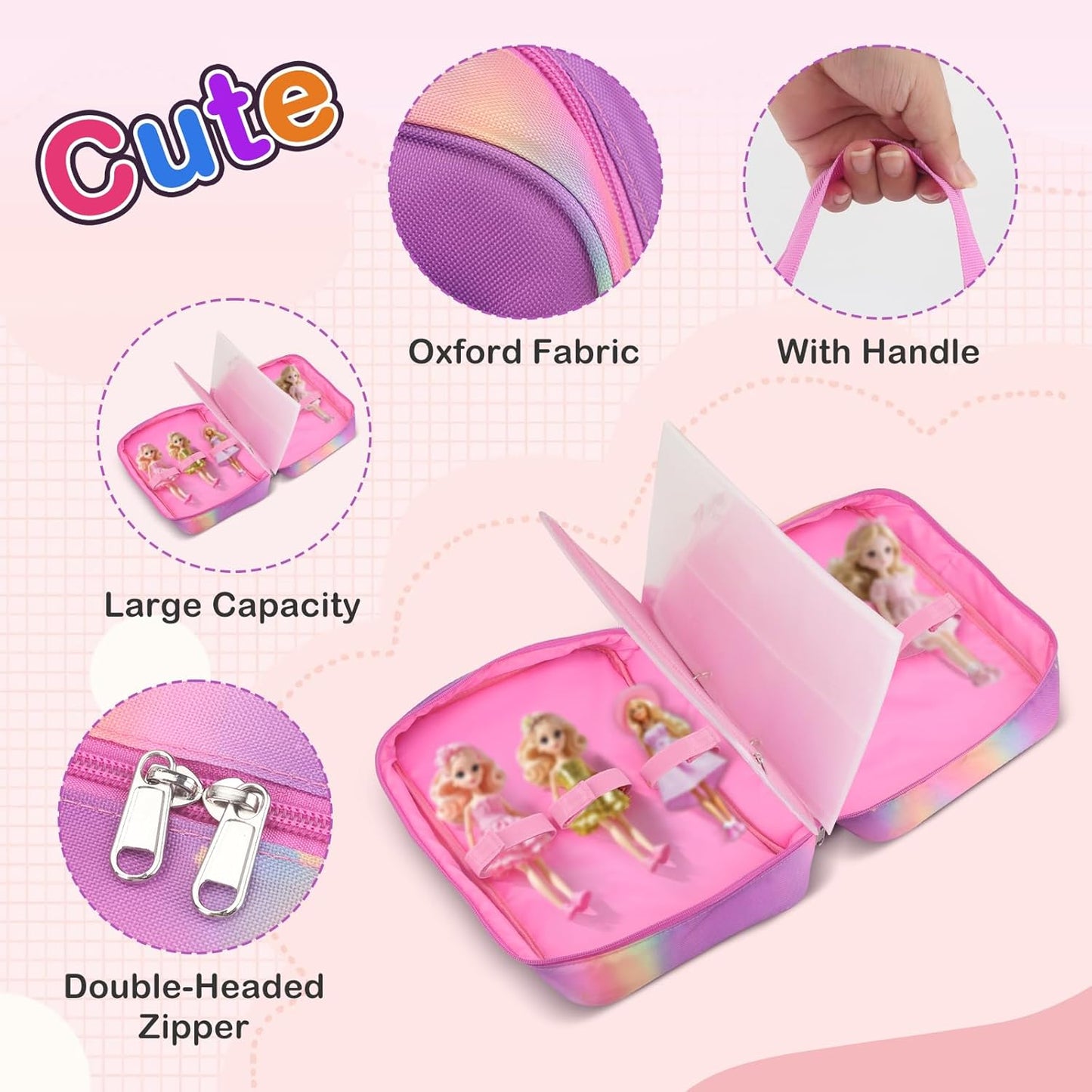 Doll Carrying Case – Rainbow | Holds 6 Dolls & Accessories with Secure Straps