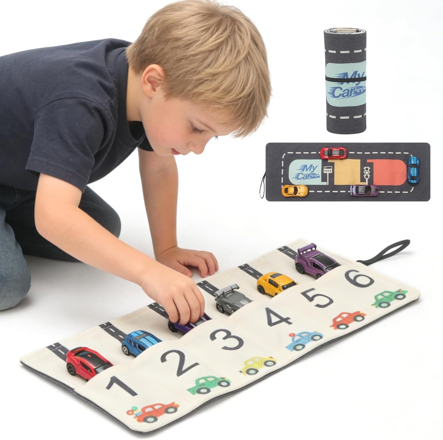 Portable Toy Car Storage Roll & Play Mat – Travel Carrier for 6 Small Cars