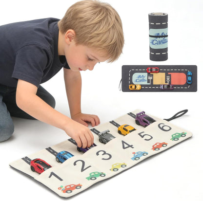 Portable Toy Car Storage Roll & Play Mat – Travel Carrier for 6 Small Cars