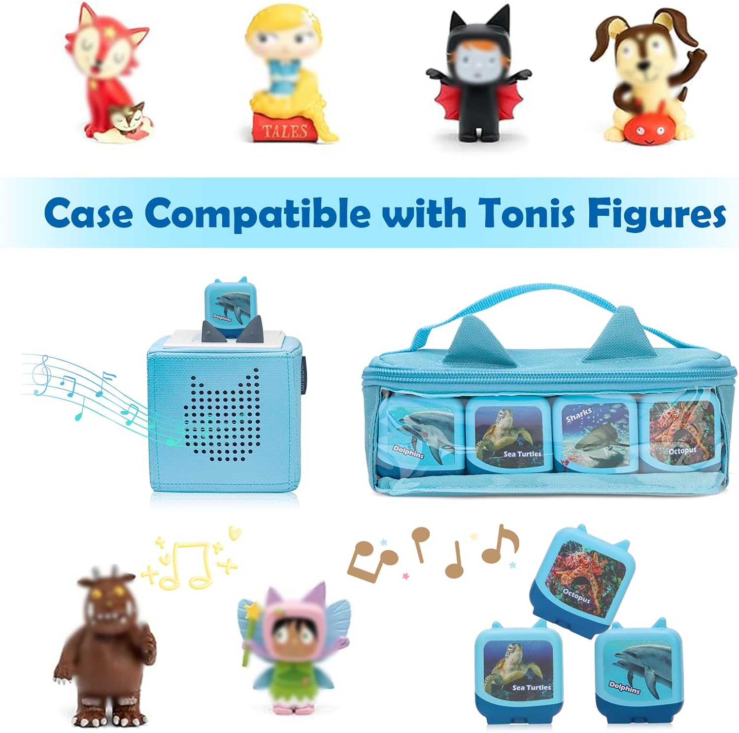 Carrying Case Compatible with Toniebox, Tonis Case Bag for Tonie Figures Characters,Tonies Marine Life Clever Set, Bag for 4-16 Tonie Characters, Storage Bag with Handle Bar(Blue)