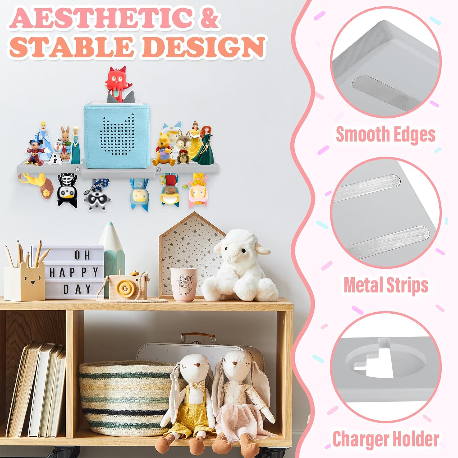 for Tonie Shelf,Tonies Storage for Toniebox 2/1,Tonies Magnetic Wall Shelf for Tonie Figures Characters,Wooden Hanging Shelf for Kids (Grey)