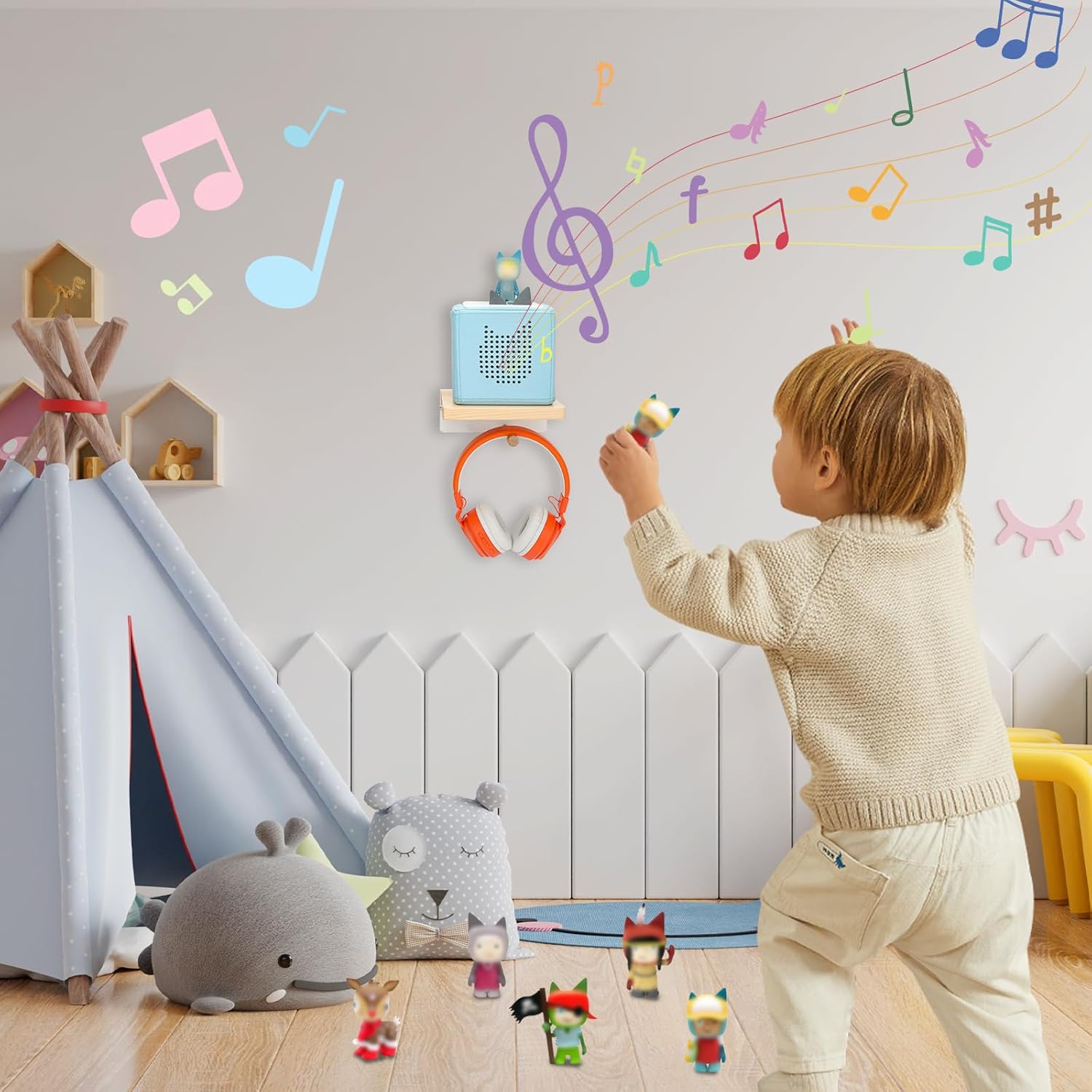 for Toniebox Starter Tonie Shelf Wall Mounted Set Wooden Floating Shelves Compatible with Tonie Box Player Headphones and Charging Station (Box Rack)