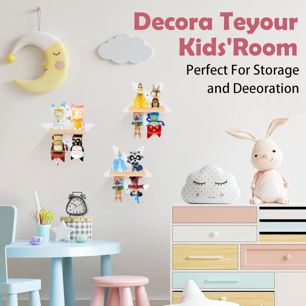 for Toniebox Starter Tonie Shelf Wall Mounted Set,Tonies Figures Tonies Storage,Magnetic Wooden Floating Shelves Compatible with Tonie box Player Character for Children Room (white- small star)