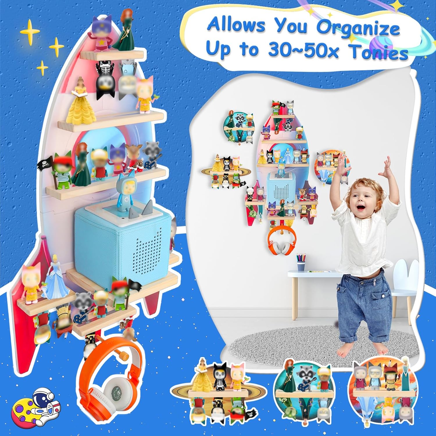 for Toniebox 2/1 Tonie Shelf Wall Mounted Set of 4,Tonies Figures Tonies Storage,Magnetic Wooden Floating Shelves Compatible with Tonie Box Player Character for Children Room