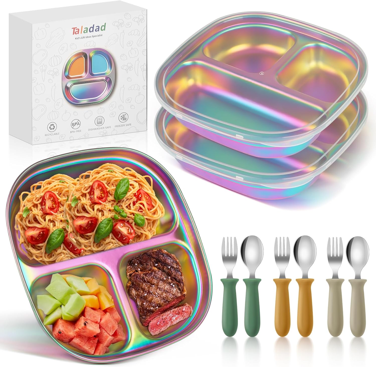 Stainless Steel Kids Plates, Kids Toddlers Babies Tray, Balanced Bites Divided Plates for Toddlers, BPA Free, Portion Control Plate, Dinner Snack, 3 Compartment Plate