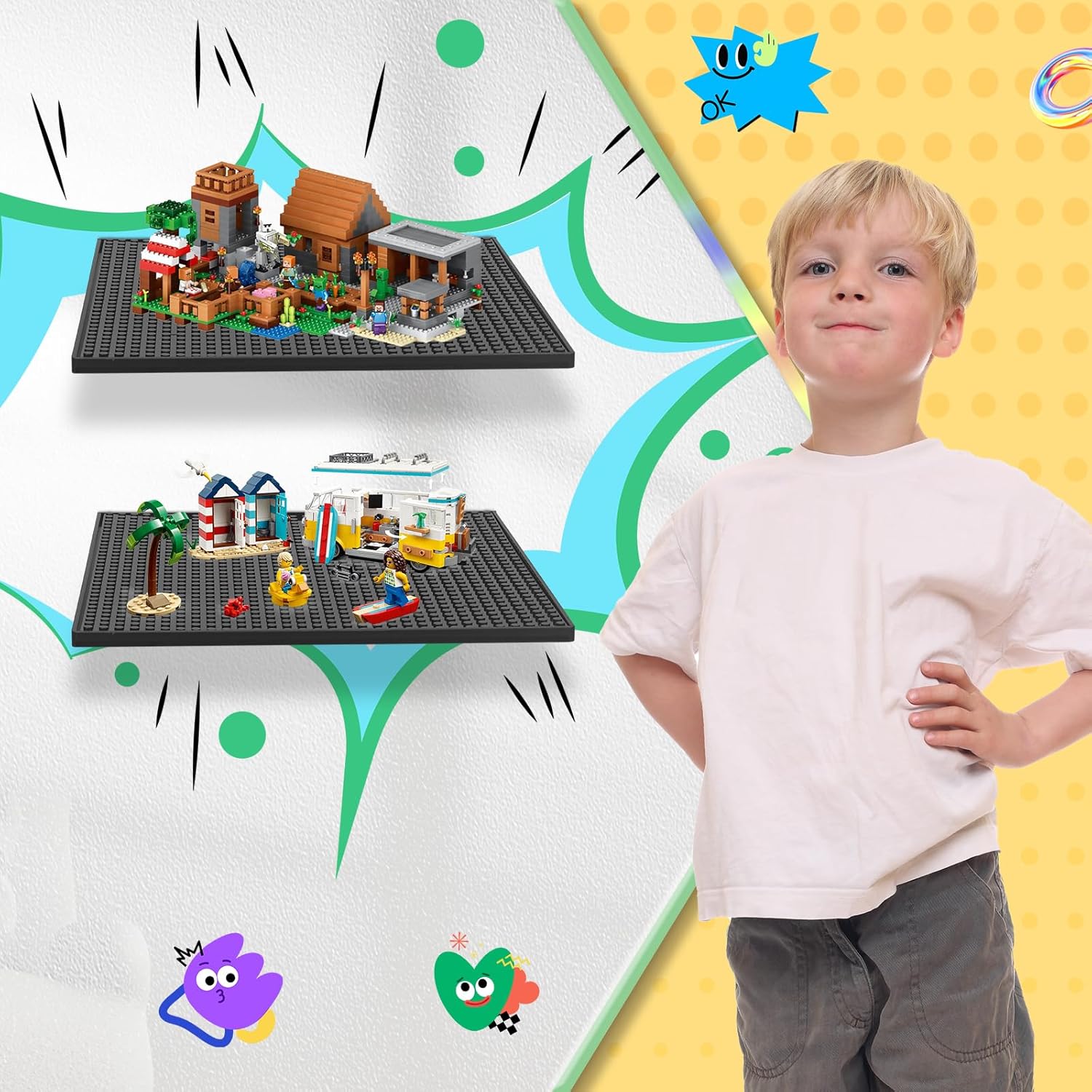 2 Pack Display Shelves for Building Bricks,Display Case Compatible with All Toy Block Brands -Acrylic Floating Shelf Display with Brick Building Baseplate, Figure Display Cabinet Wall Mount