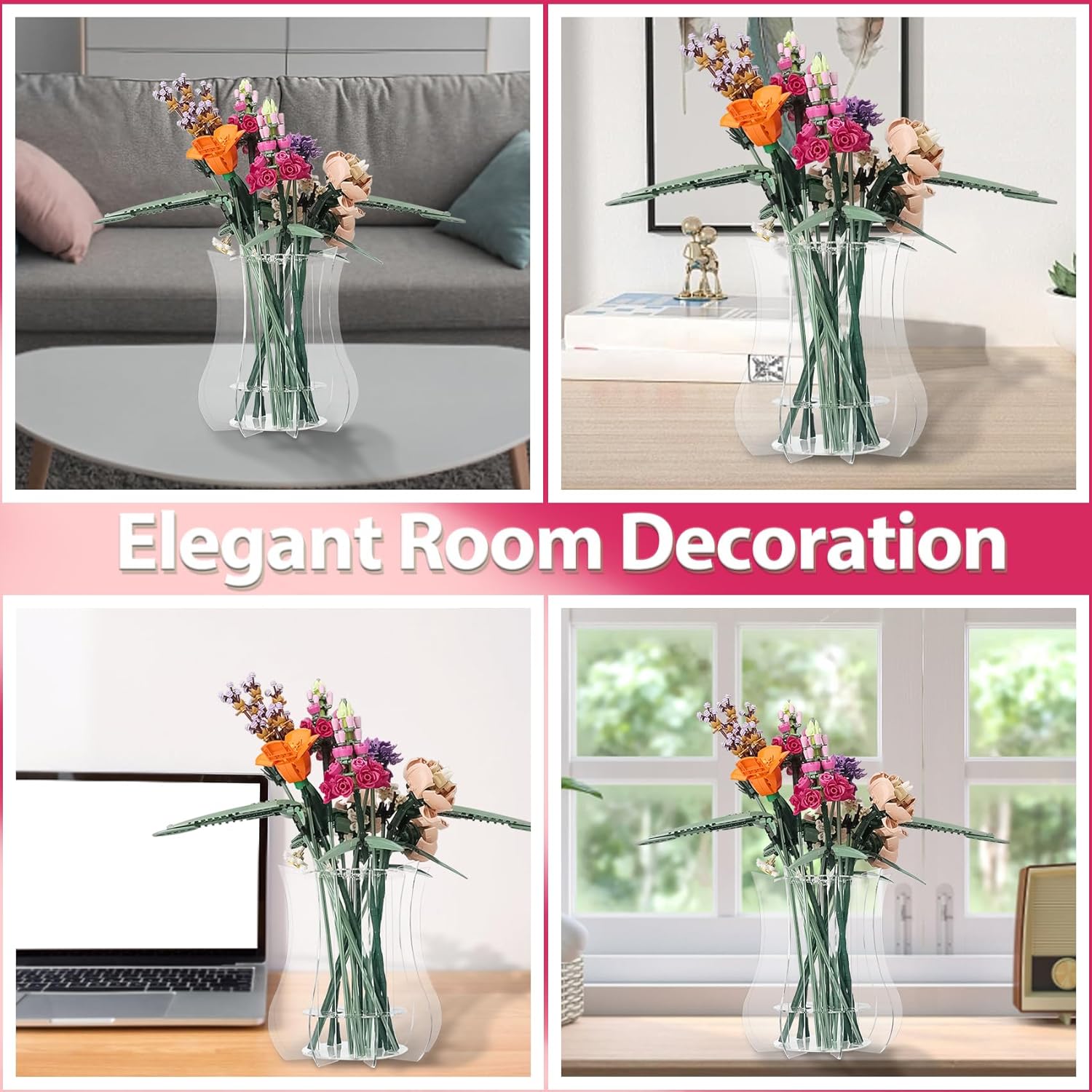 Vase Holder fit for Lego Flowers Bouquet - Acrylic Puzzle Vase fit for Lego Botanical Collection Building Set, Adult Gift Display Stand for Roses Orchid Sunflower Tulips Daffodils Lotus(Transparent)