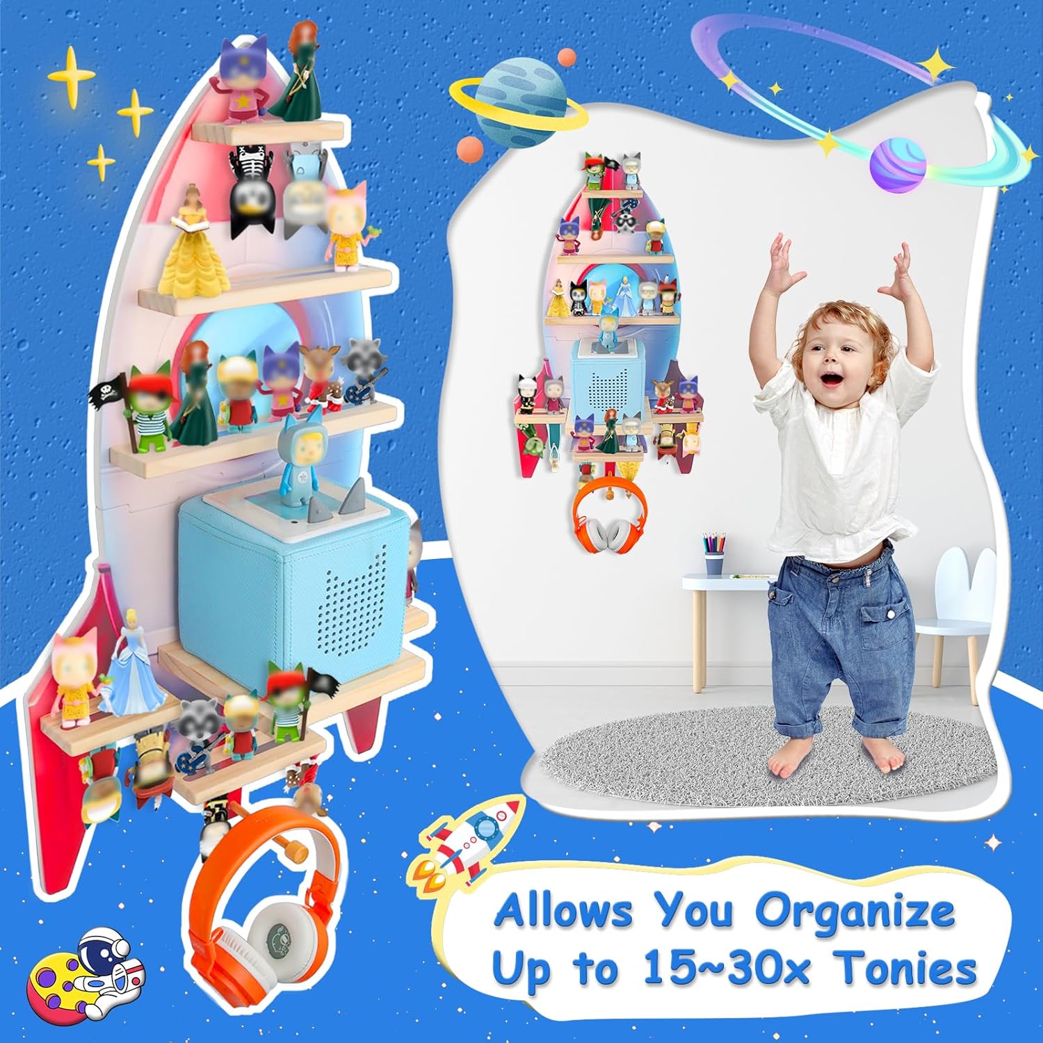 for Toniebox 2/1, Tonie Shelf Wall Mounted,Tonies Figures Tonies Storage,Magnetic Wooden Floating Shelves Compatible with Tonie Box Player Character for Children Room