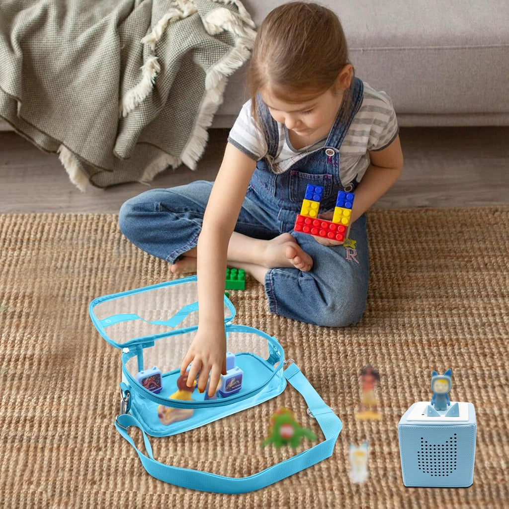 Carrying Case for Tonie Figures,Transparent Carrying Bag,Portable Storage Bag with Magnetic Base for 20-30 Tonie box Figures Characte Organizer (Blue)