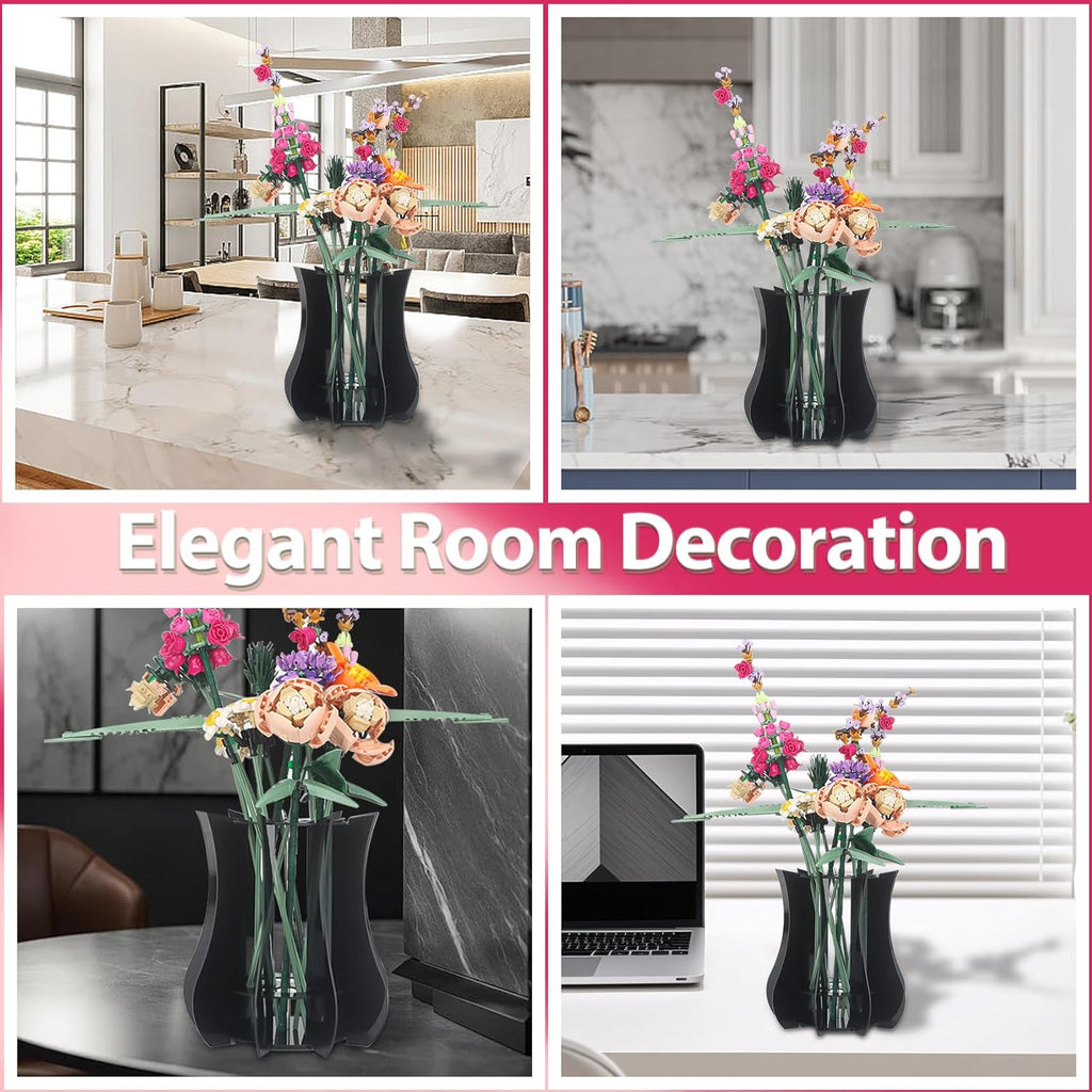 Vase Holder fit for Lego Flowers Bouquet - Acrylic Puzzle Vase fit for Lego Botanical Collection Building Set, Adult Gift Display Stand for Roses Orchid Sunflower Tulips Daffodils Lotus (Black)