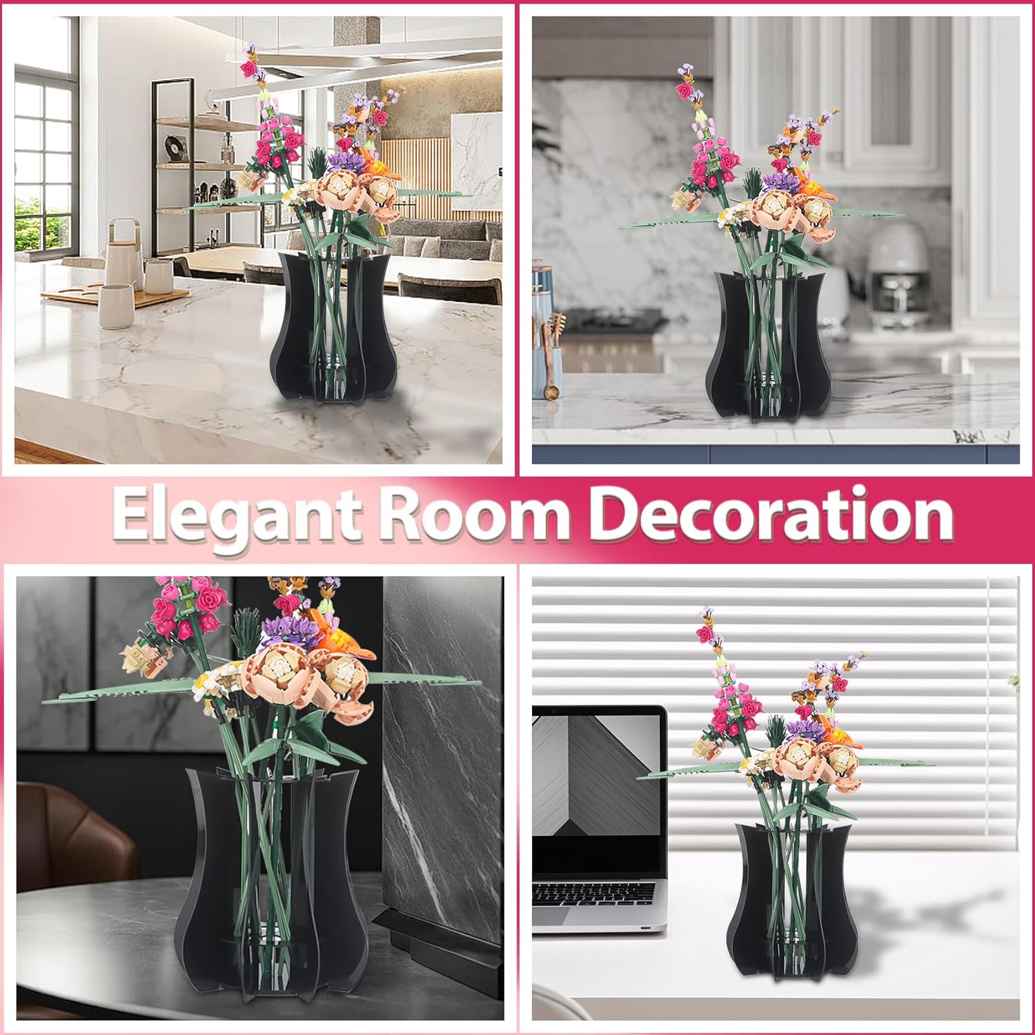 Vase Holder fit for Lego Flowers Bouquet - Acrylic Puzzle Vase fit for Lego Botanical Collection Building Set, Adult Gift Display Stand for Roses Orchid Sunflower Tulips Daffodils Lotus (Black)