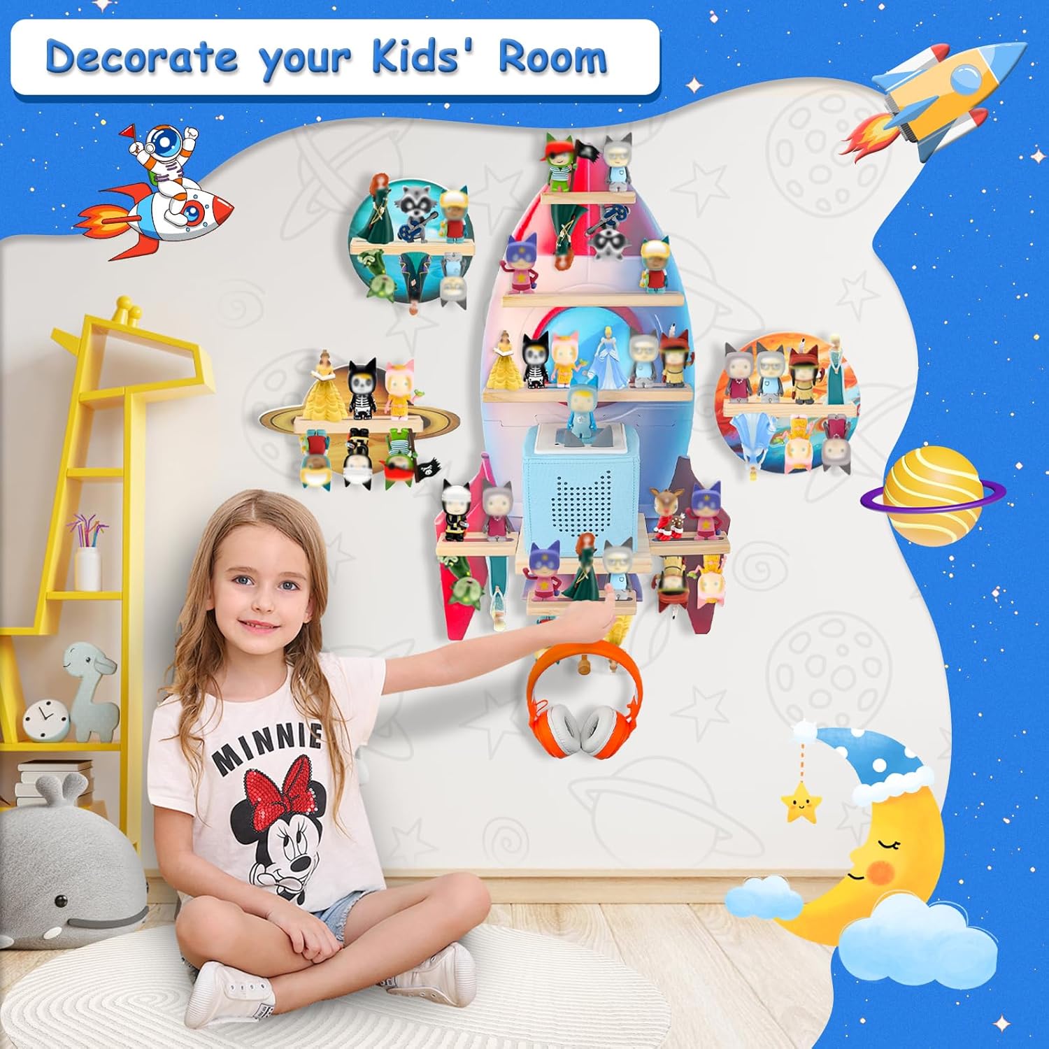 for Toniebox 2/1 Tonie Shelf Wall Mounted Set of 4,Tonies Figures Tonies Storage,Magnetic Wooden Floating Shelves Compatible with Tonie Box Player Character for Children Room