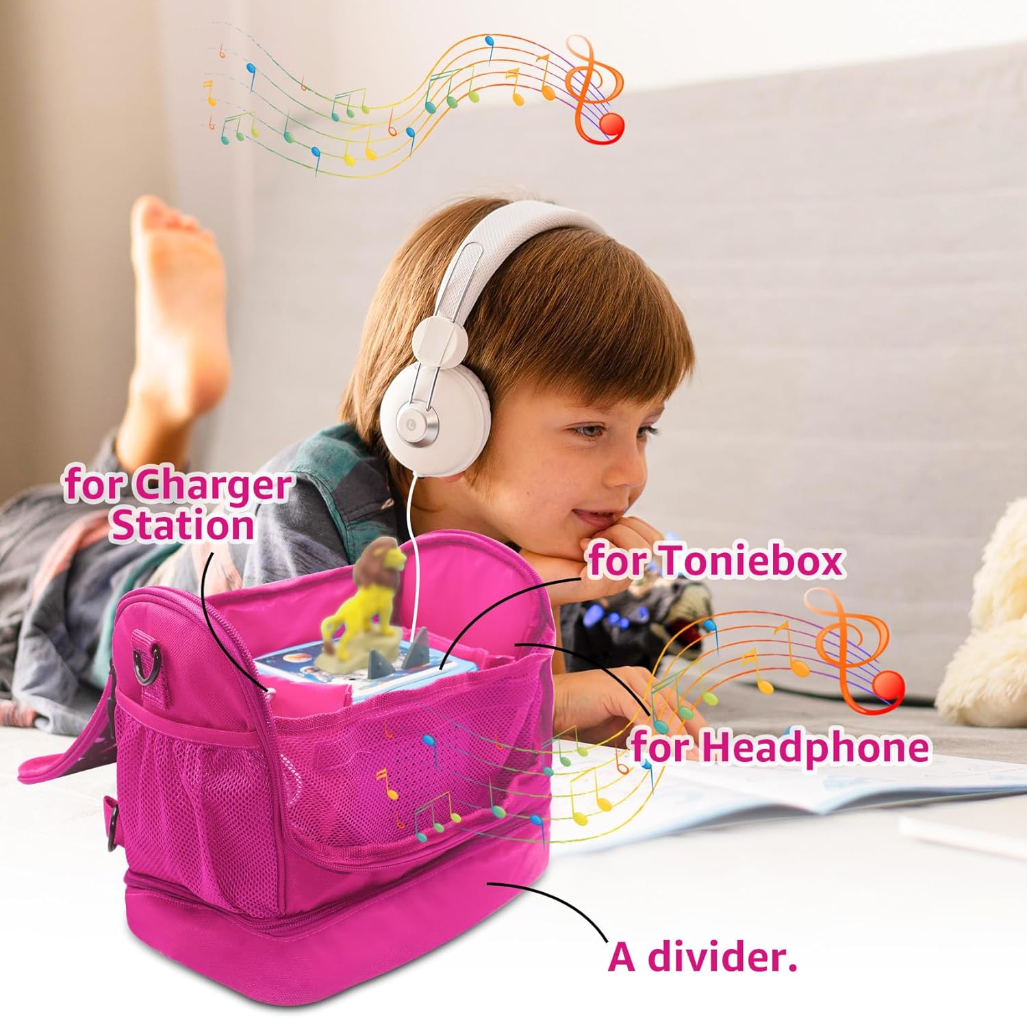 Carrying Case for Toniebox,Backpack Bag for Toniebox Starter Set , Tonie Figures ,Headphones and Charging Station, Portable Storage Bag with Shoulder Strap and Handle Bar, Hanging Storage (Pink)