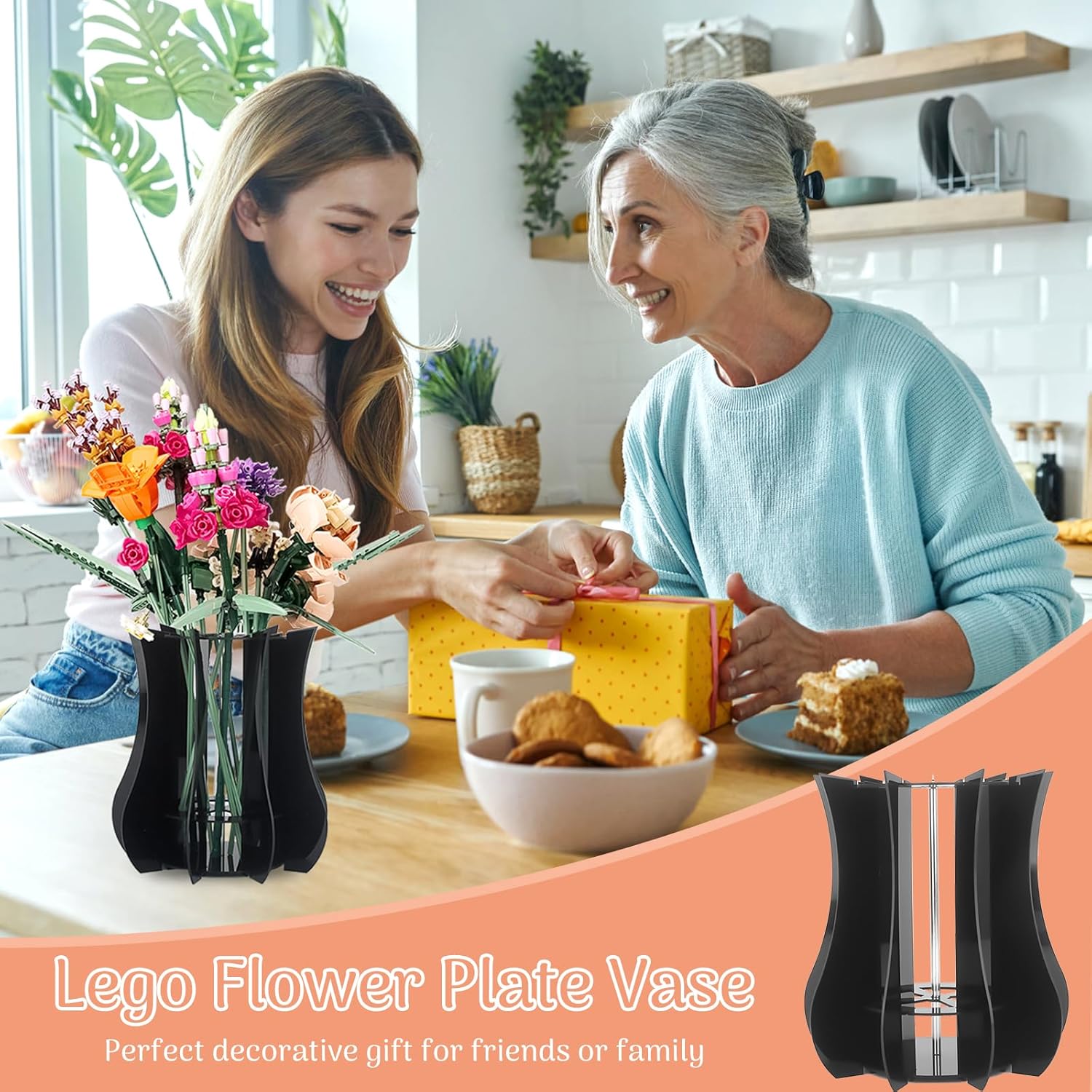 Vase Holder fit for Lego Flowers Bouquet - Acrylic Puzzle Vase fit for Lego Botanical Collection Building, Adult Gift Display Stand for Roses Orchid Sunflower (Black)