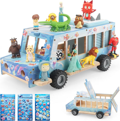 Kompatibel mit Tonies Holz-Ozean-Autoregal – Rollendes Display, fasst 15–25 Figuren, inklusive 35 Metallplatten + 3 Aufkleber