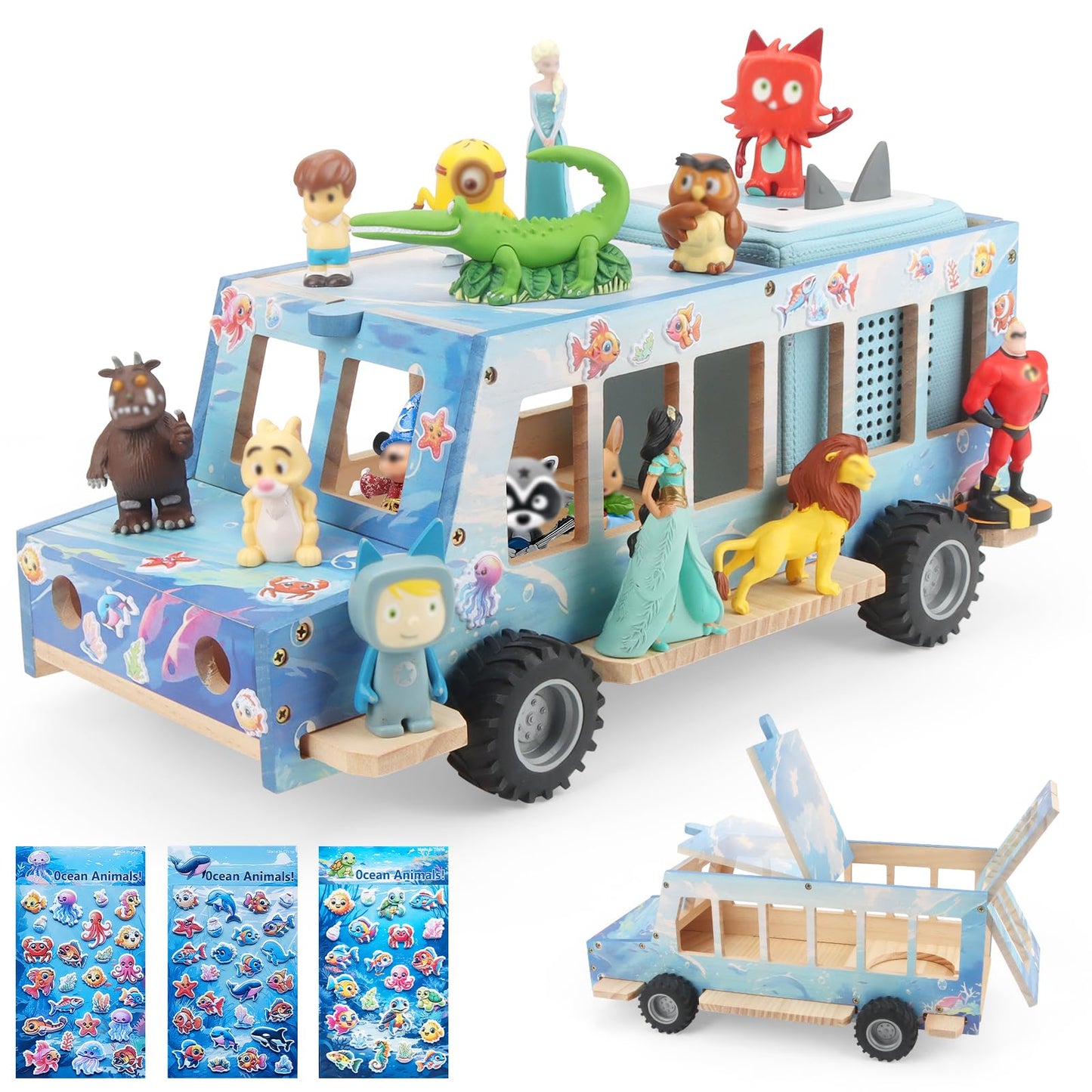 Kompatibel mit Tonies Holz-Ozean-Autoregal – Rollendes Display, fasst 15–25 Figuren, inklusive 35 Metallplatten + 3 Aufkleber